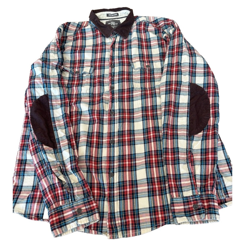 H&M Button Up Shirt Mens XL Plaid Fitted Corduroy Collar Elbow Pads Country